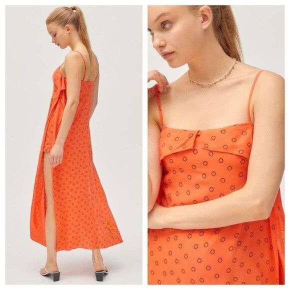 Urban Outfitters Orange Linen Ooh La La Side Slit Romper Maxi Dress Size S - Picture 4 of 11